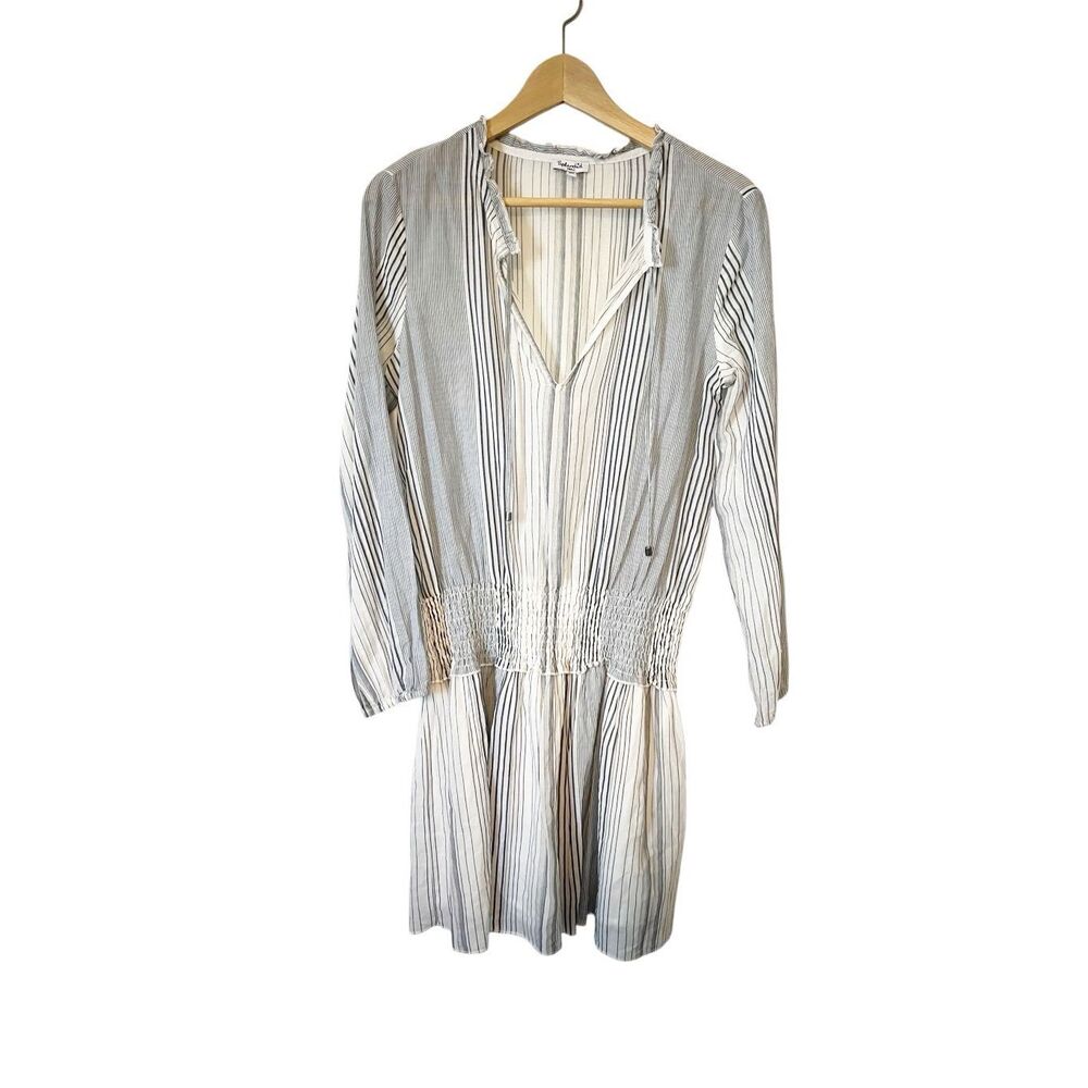 Splendid Blue White Striped Cotton Lined Long Sleeve Smocked‎ Waist Dress Small